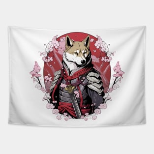 Samurai Dog Among Sakura Tree Tapestry