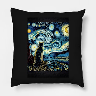 Cool Cat Portrait - Van Gogh The Starry Night Style Pillow