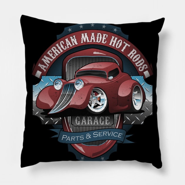 American Hot Rods Garage Vintage Car Sign Cartoon Pillow by hobrath