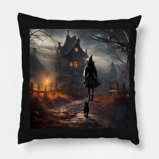 Young Witch Walking Home With A Black Cat Pillow