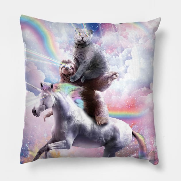 Laser Eyes Space Cat On Sloth Unicorn - Rainbow Pillow by Random Galaxy