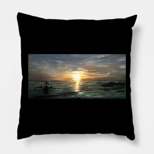 Busy Shore at Sunset Pillow