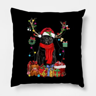 Black Pug Reindeer Xmas Lights Merry Christmas Pillow