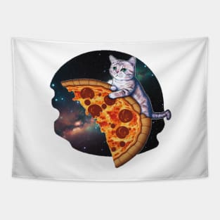 Cat retro vintage riding a slice of pizza in space Tapestry