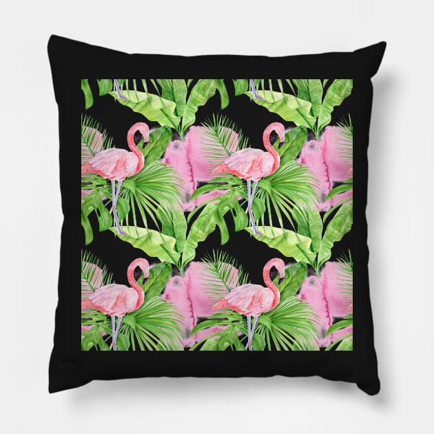 Tropical Pattern Flamingos, Plants, and Petals Pillow by CeeGunn