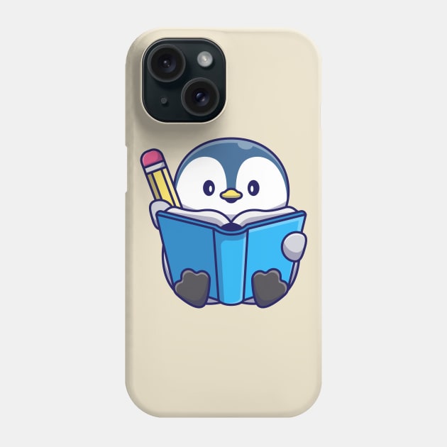 Cute Penguin Writing With Book And Pencil Cartoon Phone Case by Catalyst Labs