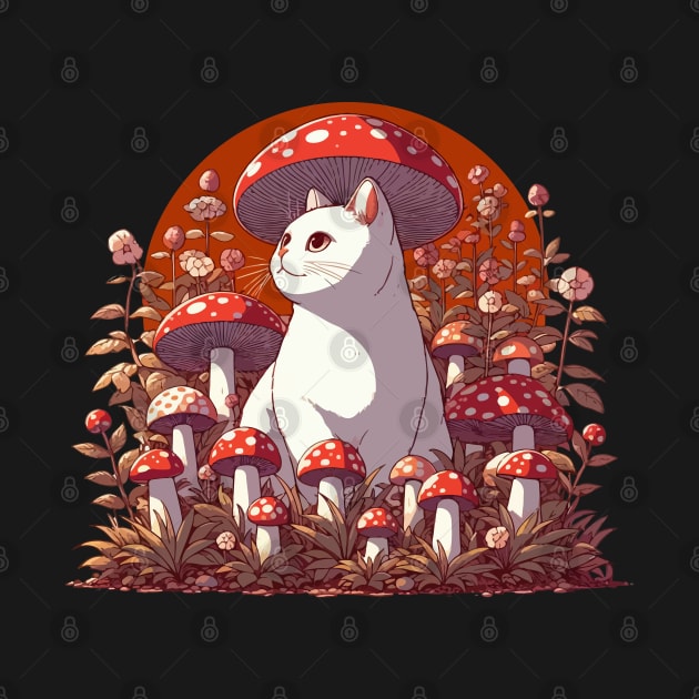 Funny Vintage White Cat in Mushroom Garden by TomFrontierArt
