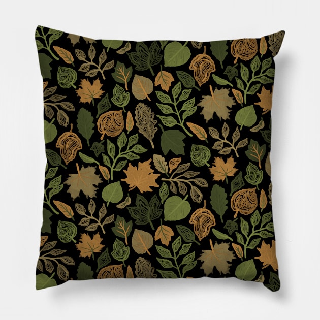 Black Fall Leaves Pillow by Carolina Díaz