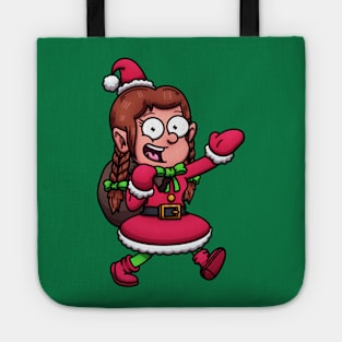 Cute Female Christmas Elf Carrying Bag Of Presents Tote