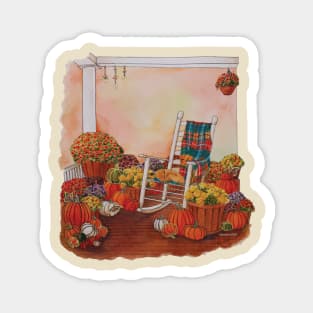 Watercolor Autumn Porch with Flowers, Pumpkins and Butterflies Magnet