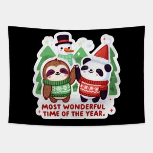 Most Wonderful Time Of The Year Sloth Panda Snowman Tapestry