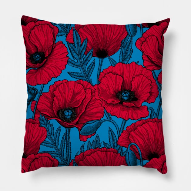 Red poppy garden on blue Pillow by katerinamk