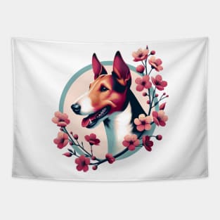 Smooth Fox Terrier Embraces Spring Cherry Blossoms Tapestry