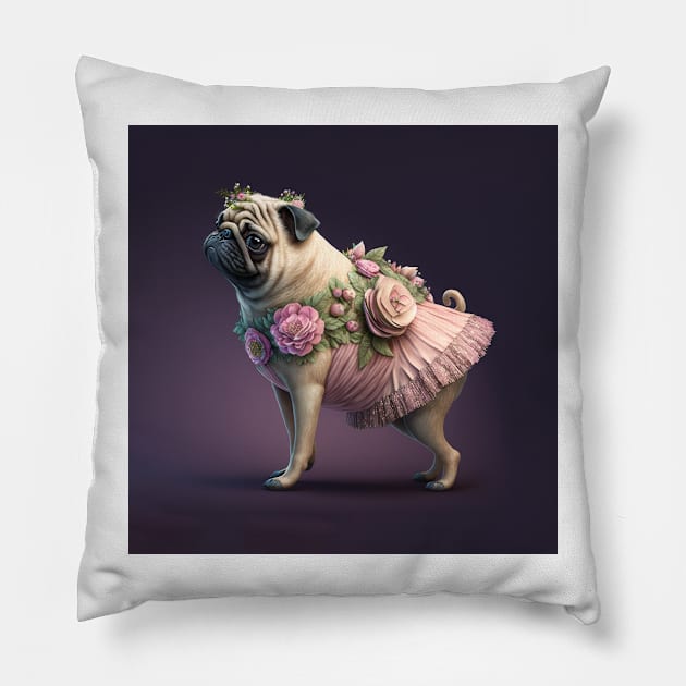 Pug Dog in Pink Flower Dress Pillow by candiscamera