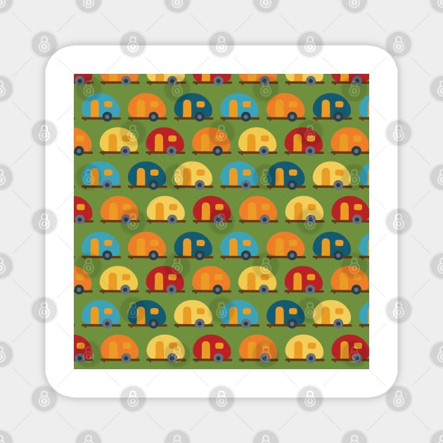 Caravans trailer RV campervan blue red yellow in a row. Green background. Fun vehicle pattern for boys Magnet by Sandra Hutter Designs