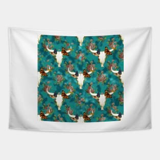 Skull and roses - teal Tapestry