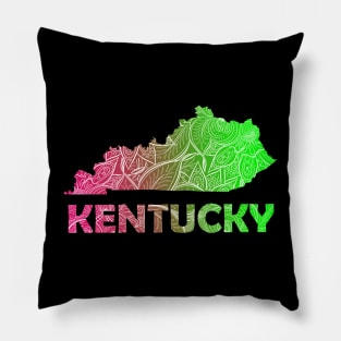 Colorful mandala art map of Kentucky with text in pink and green Pillow