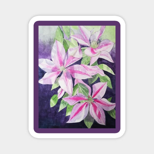 Pink purple clematis watercolour painting Magnet by esvb