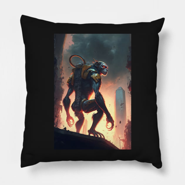 Giant futuristic robot cyborg Monkey attacking the city Pillow by KoolArtDistrict