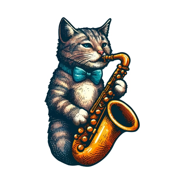 tabby cat playing saxophone by Arteria6e9Vena