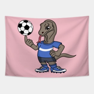 Cute funny Komodo dragon playing soccer cartoon Tapestry