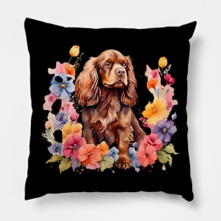 A sussex spaniel decorated with beautiful watercolor flowers Pillow