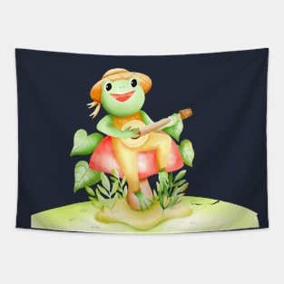 Frog Playing music watercolor Tapestry