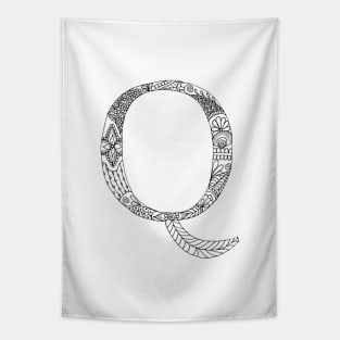 Henna Alphabet Q / Henna Letter Q - Black Henna Line Art Tapestry