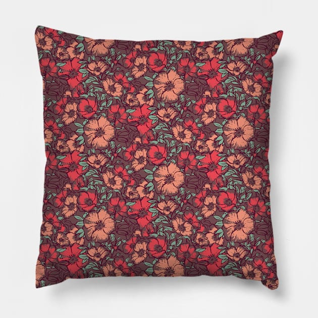 Coral Wild Roses Pillow by Carolina Díaz