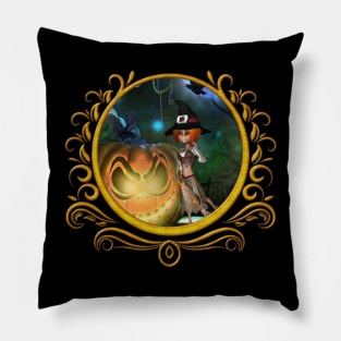 Cute little witch with pumpkin in the night Pillow