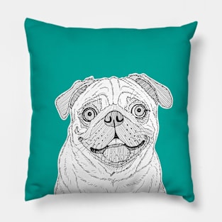 Pug Dog Portrait ( teal background ) Pillow