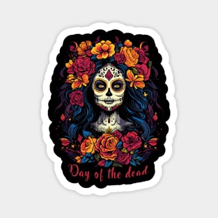 Day of the dead; el Día de Muertos; Mexico; Mexican; sugar skull; beautiful; woman; colorful; bright colors; black shirt; skeleton; celebration; celebrate; party; fiesta; halloween; dark; skull; Magnet