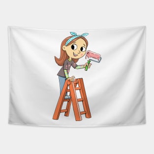 girl on a ladder with a pink paint roller Tapestry