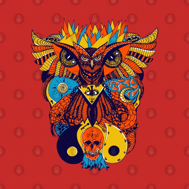 Orange Blue Owl And Ageless Skull by kenallouis