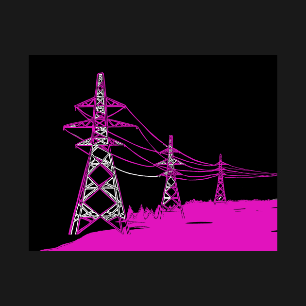 Pylons Linocut in Pink and Black by Maddybennettart