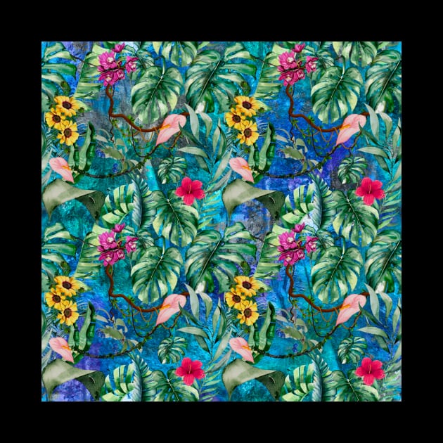 Cute tropical floral leaves botanical illustration, tropical plants,leaves and flowers, blue turquoise leaves pattern Over a by Zeinab taha