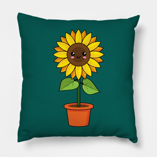 Kawaii Sunflower Plant in a Pot Pillow by BirdAtWork