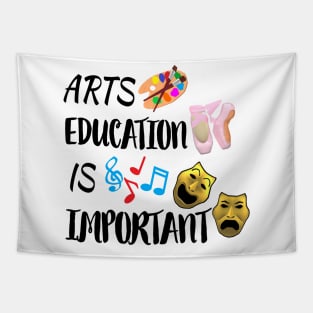 Arts Education Is Important Comedy and Tragedy Drama Masks with Artist Paint Palette, Ballet Shoes and Music Notes (White Background) Tapestry