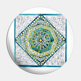 Turquoise Sun Watercolor Mandala Pin