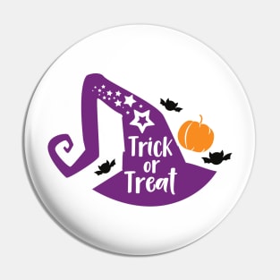 Trick Or Treat, Witch Hat, Bats, Stars, Halloween Pin