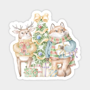 cute fox and deer with presents in front of christmas tree Magnet