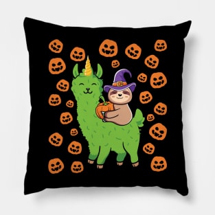 Sloth Riding a Halloween Llamicorn Pillow