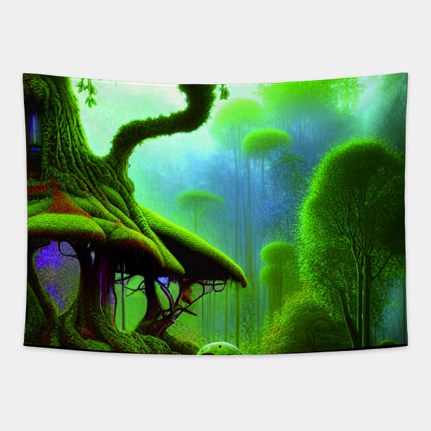 Tree House Portrait, greenery Outside Tapestry by Promen Art