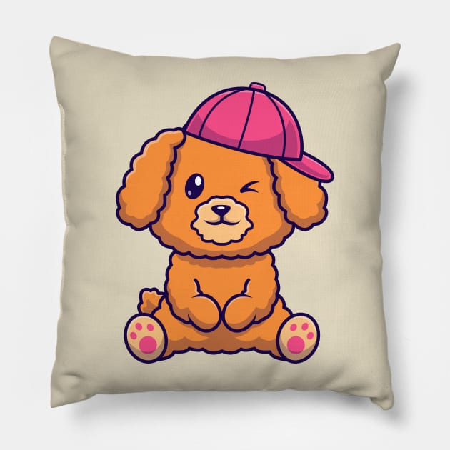 Cute Poodle Dog Sitting With Hat Cartoon Pillow by Catalyst Labs