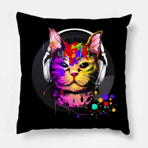 Colorful cat with headphones Pillow by Ravenglow