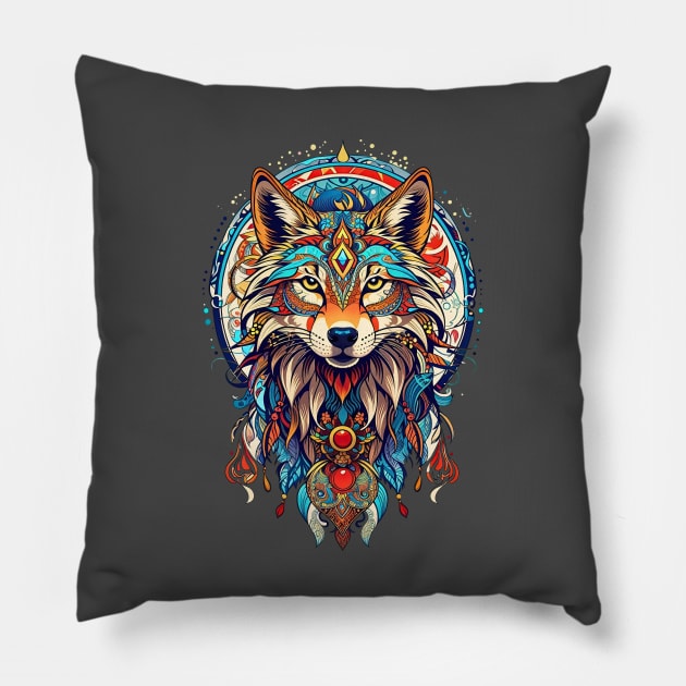 Whimsical Wanderer: Retro Vintage Tribal Fox in Indigenous Boho Style Pillow by Neon City Bazaar