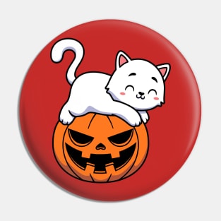 Funny Cute White Cat Laying On Pumpkin Halloween Pin