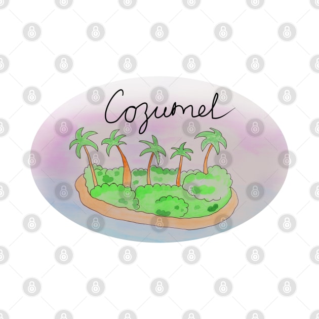 Cozumel watercolor Island travel, beach, sea and palm trees. Holidays and vacation, summer and relaxation by grafinya