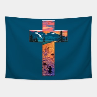 Christian Cross Fly Fishing Mountain Sunset Tapestry