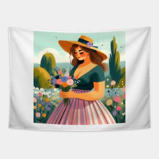 Beautiful woman in a dress holding flowers in nature landscape art Tapestry